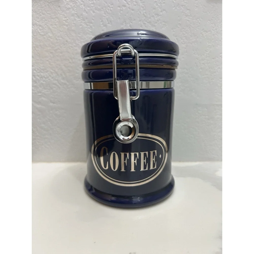 Vintage Cobalt Blue Coffee  Ceramic Canister Stainless Lock Airtight 6.75